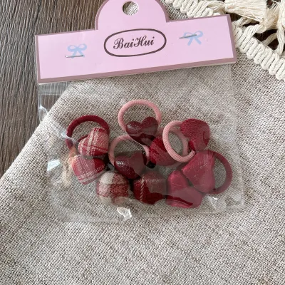 Kids Girls Fashion Fabric Buttons Small Plaid Heart Love Rubber Hair Rope 10pcs/ Packs