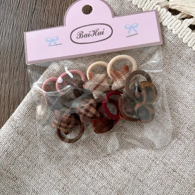Kids Girls Fashion Fabric Buttons Small Plaid Heart Love Rubber Hair Rope 10pcs/ Packs