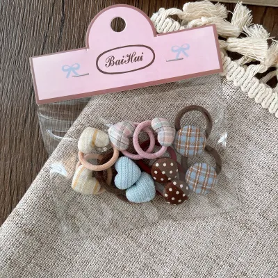 Kids Girls Fashion Fabric Buttons Small Plaid Heart Love Rubber Hair Rope 10pcs/ Packs
