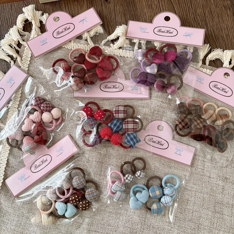 Kids Girls Fashion Fabric Buttons Small Plaid Heart Love Rubber Hair Rope 10pcs/ Packs