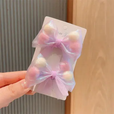 Kids Girls Fashion Mesh Bowknot Hair Clip Duckbill Pair Clip Fabric Hairpin