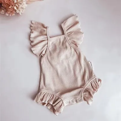 Kids Baby Girls Fashion Solid Color Cotton Flutter Sleeve Rompers Triangle Climb
