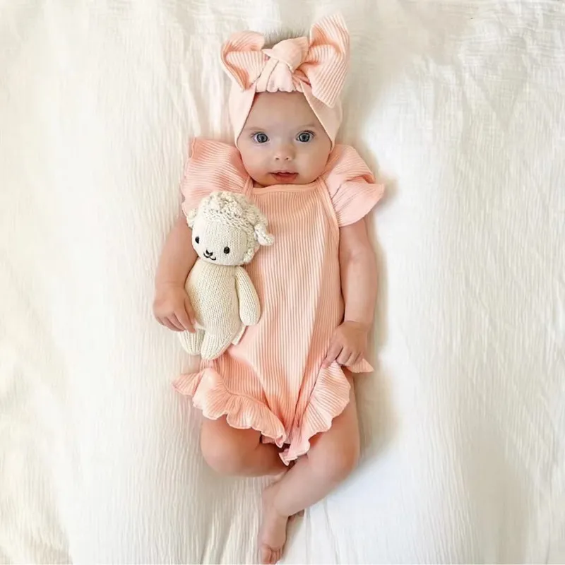 Kids Baby Girls Fashion Solid Color Cotton Flutter Sleeve Rompers Triangle Climb