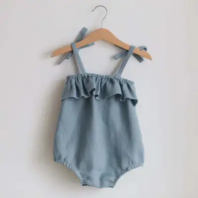 Kids Baby Girls Summer Solid Color Cotton Linen Ruffled Rompers Sleeveless
