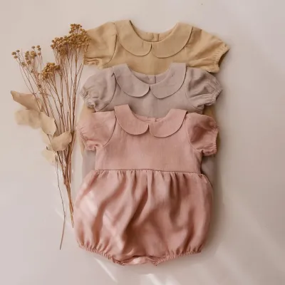 Kids Baby Girls Fashion Summer Solid Color Cotton Linen Lapel Short-Sleeve Rompers