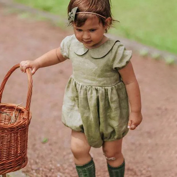 Kids Baby Girls Fashion Summer Solid Color Cotton Linen Lapel Short-Sleeve Rompers