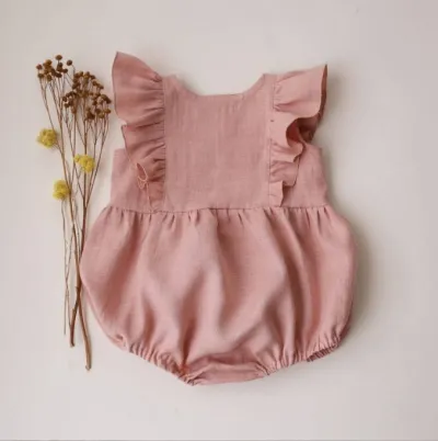 Baby Girls Summer Linen Sleeveless Ruffled Triangle Climb Rompers Clothing(0-3T)