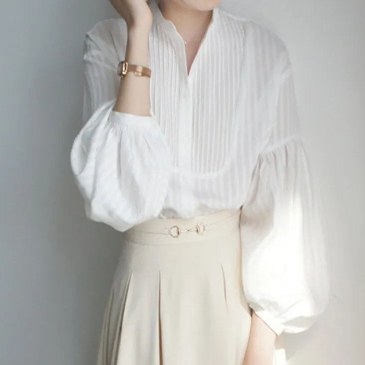 Women Fashion Casual Solid Color Vertical Strip Pleated Vertical Collar Lantern Sleeve Loose Blouse