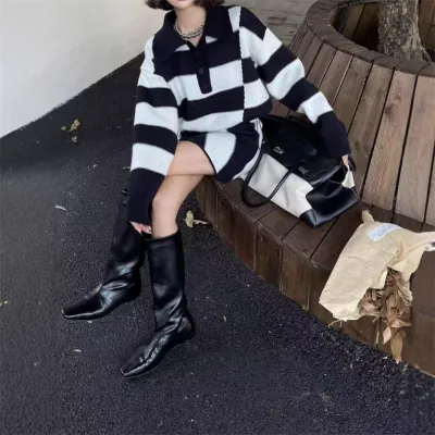 Women Fashion Casual Contrast Stripe Lapel Long-Sleeve Sweater Loose Mini Skirts Two-Piece Set