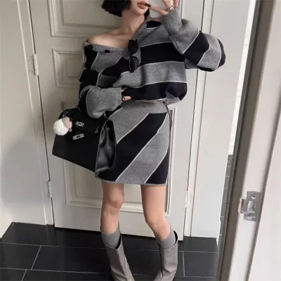 Women Fashion Casual Contrast Stripe Lapel Long-Sleeve Sweater Loose Mini Skirts Two-Piece Set