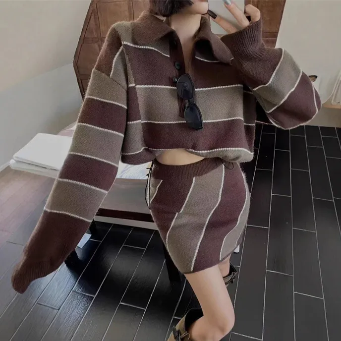 Women Fashion Casual Contrast Stripe Lapel Long-Sleeve Sweater Loose Mini Skirts Two-Piece Set