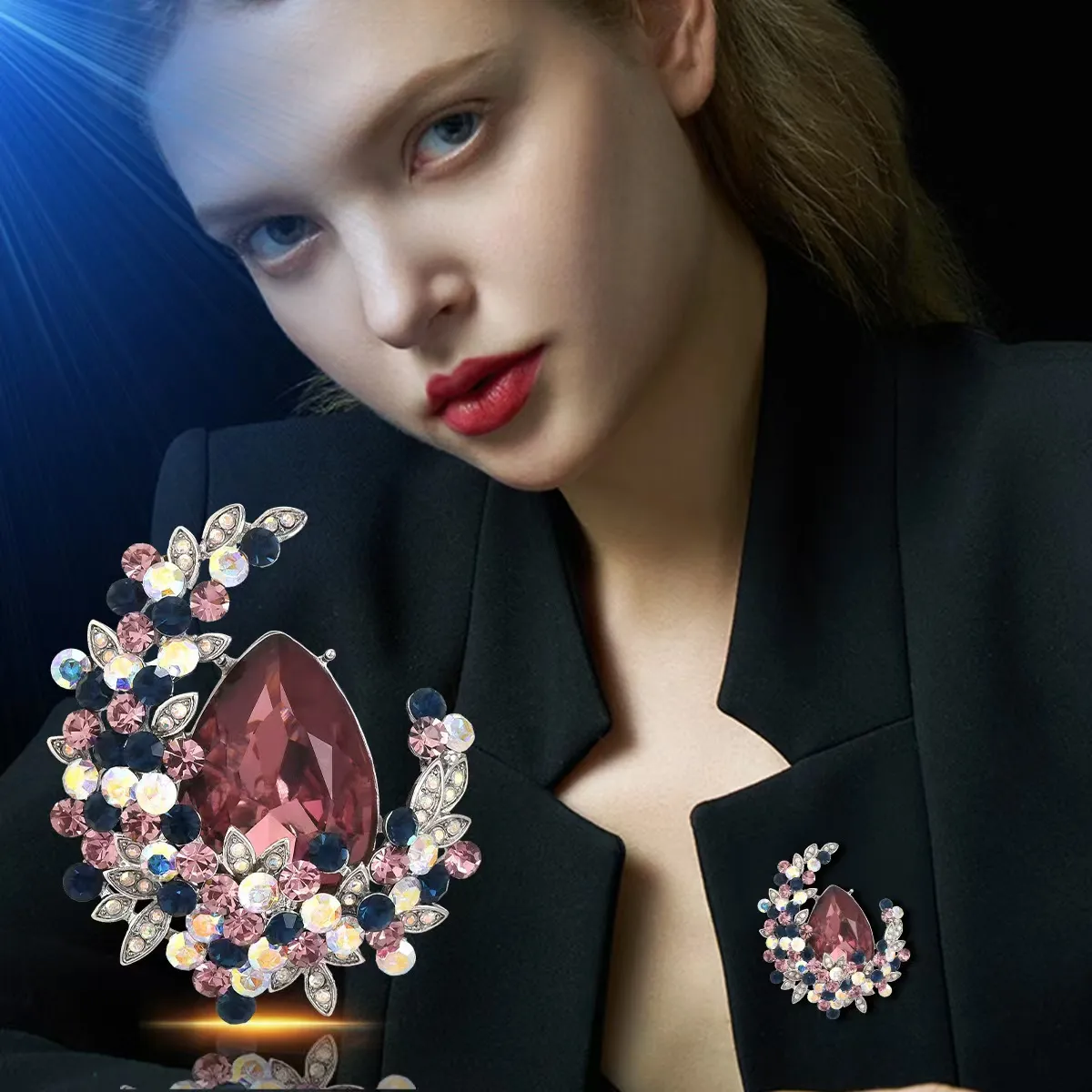 Women Fashion Rhinestone Moon Crystal Brooch Zinc Alloy Drop-Shaped Star-Shaped