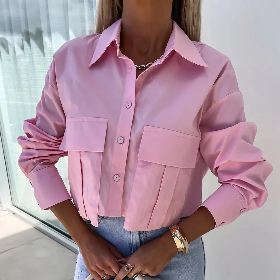 Women Fashion Casual Solid Color Lapel Bat Sleeve Pockets Loose Blouse