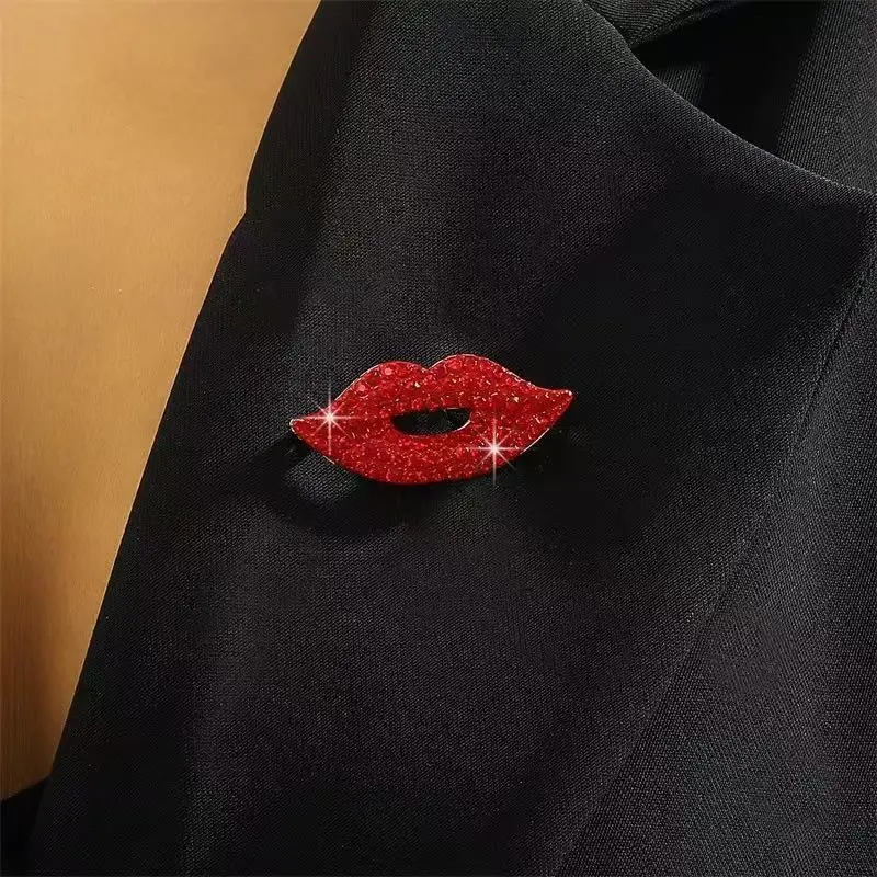 Women Fashion Sexy Red Lips Oil Dropping Brooch