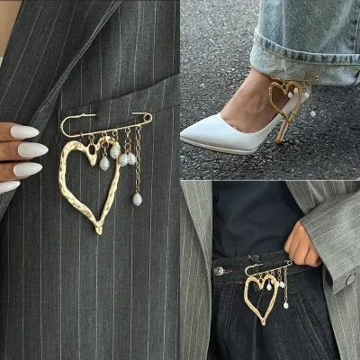 Women Fashion Multi-Functional Big Love Pendant Chain Brooch Pin