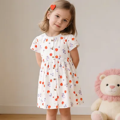 Kids Girls Fashion Cute Summer Printed Round Neck Short Sleeve Loose Dress Princess Style