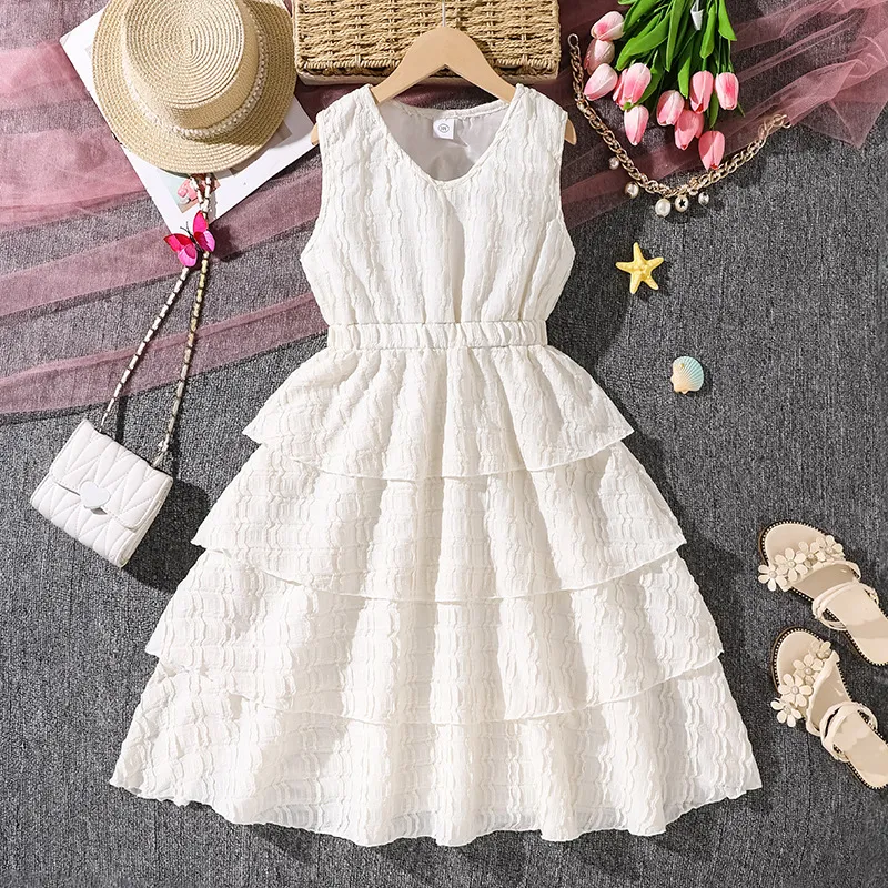 Kids Girl'S Fashion Elegant Spring Summer Stitching Sleeveless Solid Color Ruffled Dress