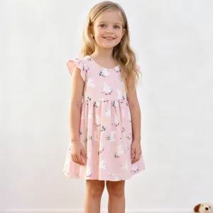 Kids Girls Fashion Summer Printed Round Neck Flutter Sleeve Loose Cotton Dress
