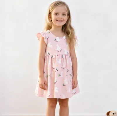 Kids Girls Fashion Summer Printed Round Neck Flutter Sleeve Loose Cotton Dress