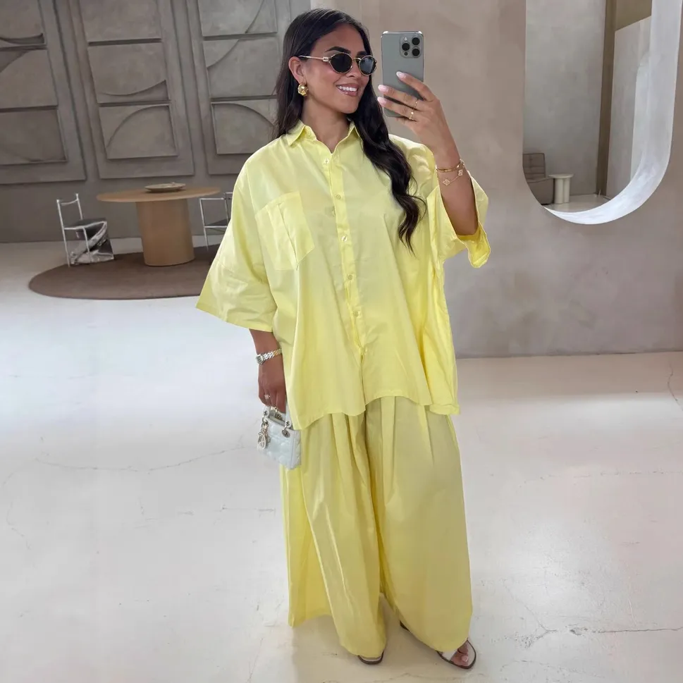 Women Fashion Casual Solid Color Lapel Long-Sleeve Blouse Loose Maxi Skirts Two-Piece Set