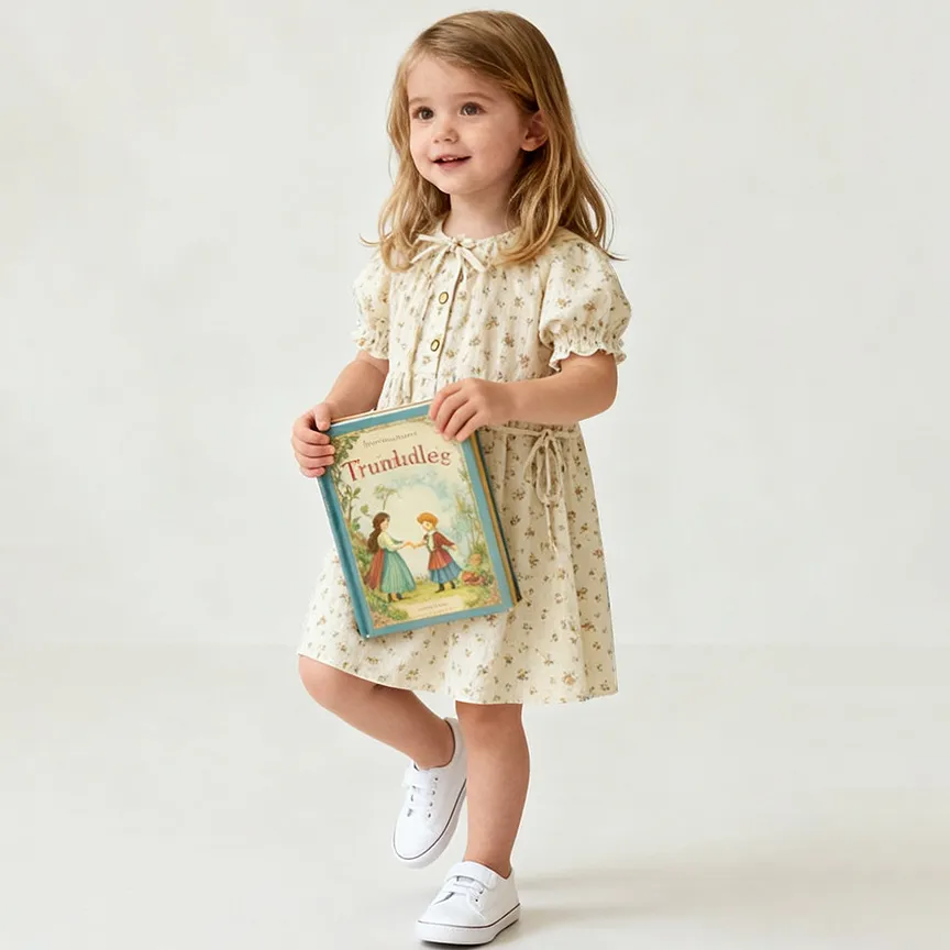 Kids Girls Summer Flower Printed Short-Sleeve Lace-Up Loose Dress Cotton Princess Dress