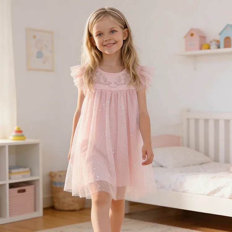 Girls Summer Sequins Round Neck Flutter Sleeve Mesh Casual Dress for Kids 3-14T