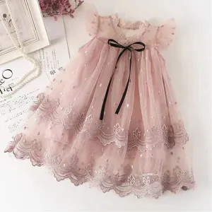 Kids Girls Fashion Summer Embroidered Mesh Sleeveless A-Line Dress