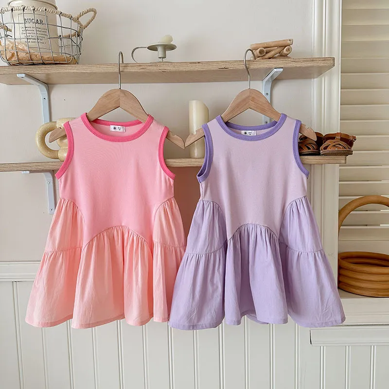 Kids Girls Casual Summer Stitching Sleeveless Loose Dress Princess Suspender