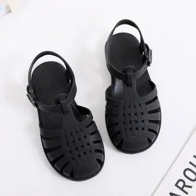 Kids Boys And Girls Fashion Casual Spring Summer Solid Color Hollow Hole Flat Bottom Jelly Sandals