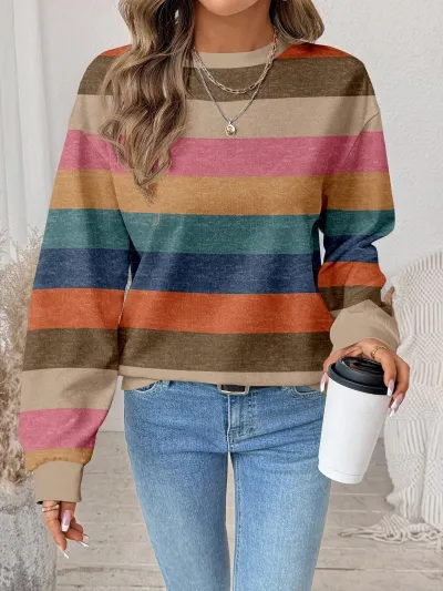 Women Fashion Casual Stripe Printed Round Neck Long-Sleeve Loose Sweatshirt
