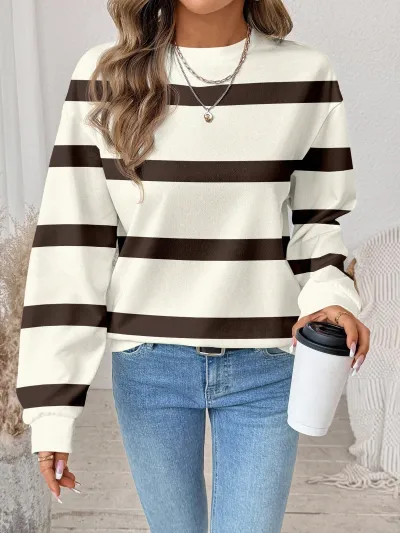 Women Fashion Casual Stripe Printed Round Neck Long-Sleeve Loose Sweatshirt
