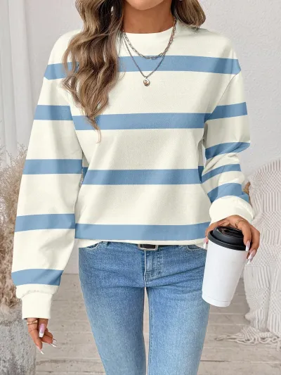 Women Fashion Casual Stripe Printed Round Neck Long-Sleeve Loose Sweatshirt