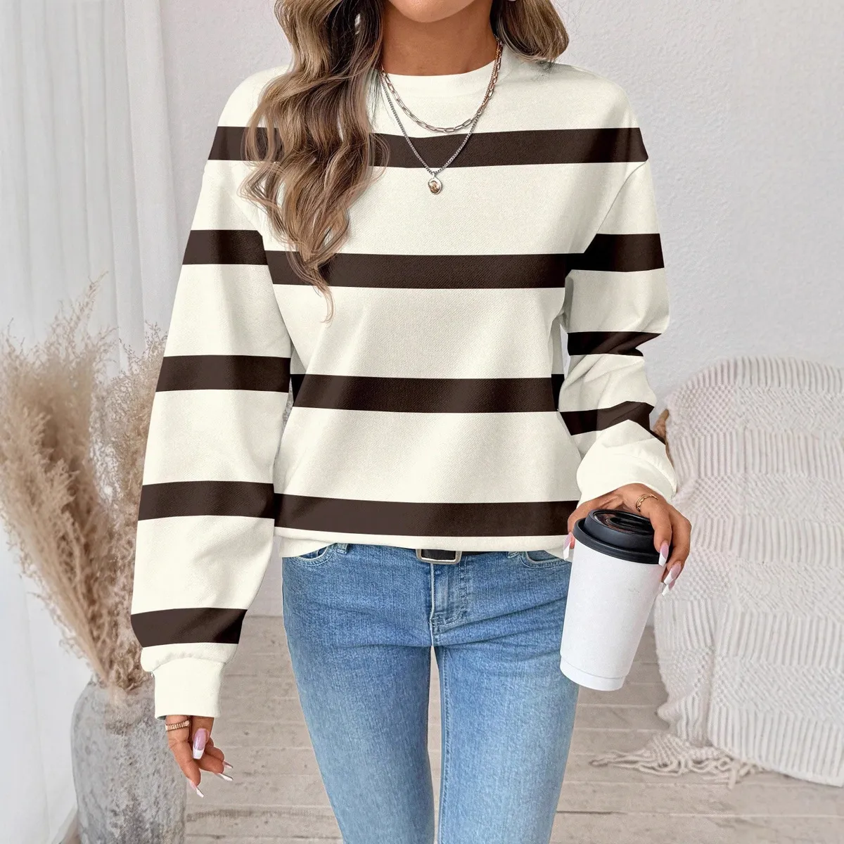 Women Fashion Casual Stripe Printed Round Neck Long-Sleeve Loose Sweatshirt