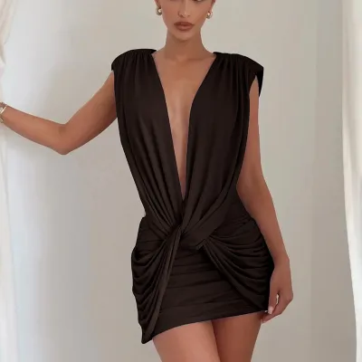 Summer Women Fashion Solid Color Cross Cowl Neck Sleeveless Pleated Mini Dress