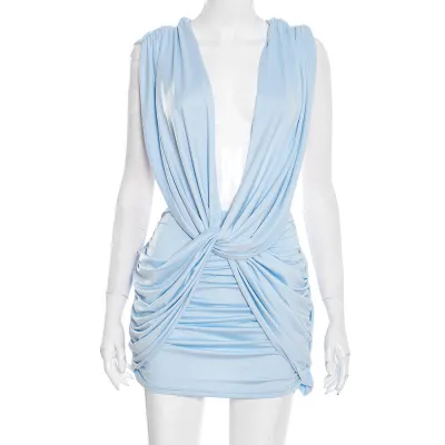 Summer Women Fashion Solid Color Cross Cowl Neck Sleeveless Pleated Mini Dress