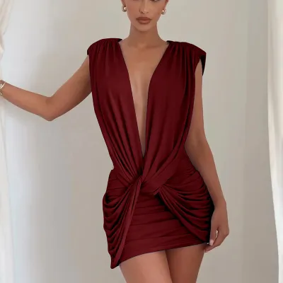 Summer Women Fashion Solid Color Cross Cowl Neck Sleeveless Pleated Mini Dress
