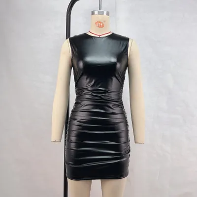 Summer Women Sexy PU Leather Sleeveless Bodycon Mini Dress