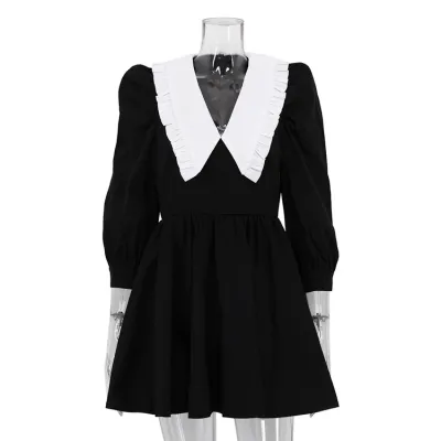 Women Spring Elegant Contrast Long Sleeve Pleated A- Line Dress