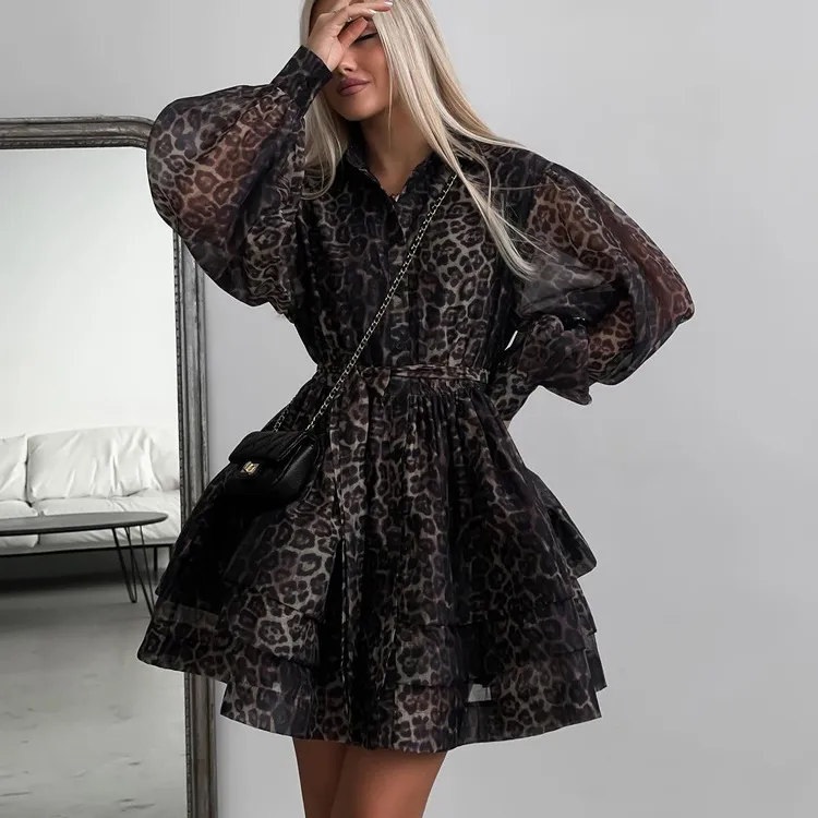 Spring Women Fashion Leopard Chiffon Long Sleeve Dress