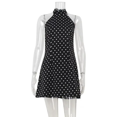 Summer Sexy Women Sleeveless Polza Dot Print Backless Mini Dress