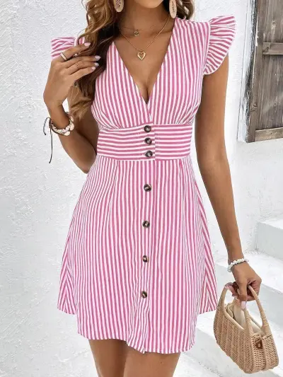 Summer Women Casual Stripe Print Ruffled V-Neck Single-Breasted Mini Dress