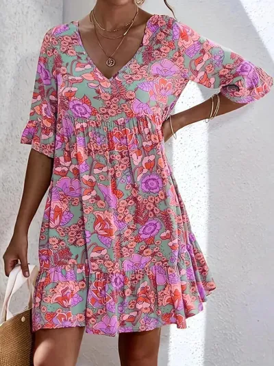 Summer Women Casual V-Neck Floral Print Bohemian Dress