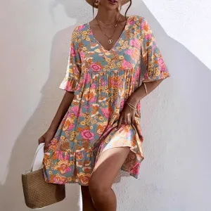 Summer Women Casual V-Neck Floral Print Bohemian Dress