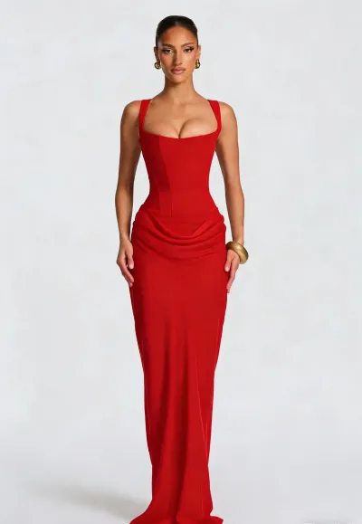 Women Fashion Sexy Elegant Summer Solid Color Sleeveless Pleated Fishbone Slim Fit Dress