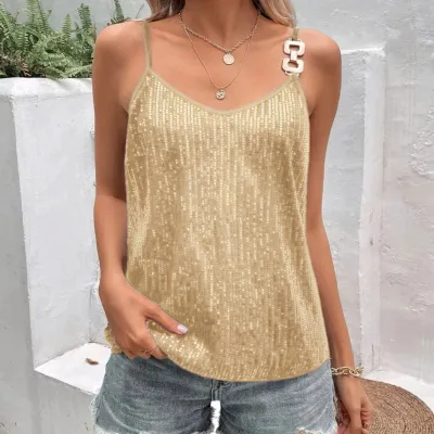 Women Fashion Sexy Summer Solid Color Sequin Metal Buckle Camisole