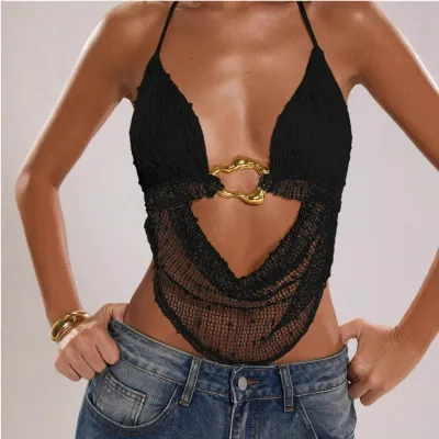 Women Fashion Sexy Summer Solid Color Hollow-Out Halter-Neck Slim-Fit Camisole
