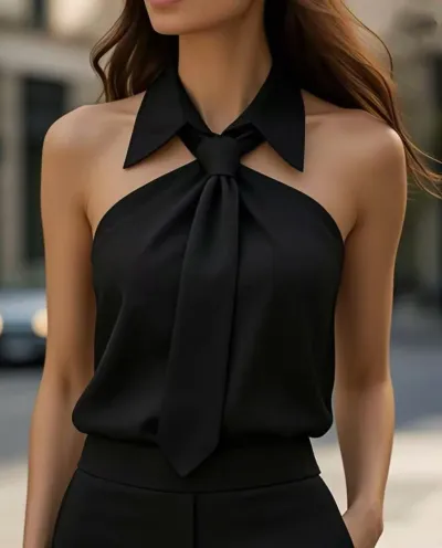 Women Fashion Sexy Spring And Summer Solid Color Lapel Tie Halter-Neck Tank Top