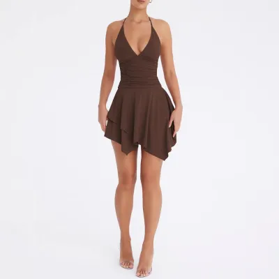 Women Fashion Sexy Irregular Summer Solid Color Deep V-Neck Halter-Neck Lace-Up Pleated Dress