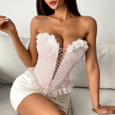 Women Fashion Sexy Summer Handmade Floral Lace Embroidery Stitching Fishbone Corset Tank Top