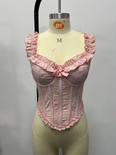 Women Fashion Sexy Summer Solid Color Lace Embroidered Fishbone Corset Tank Top